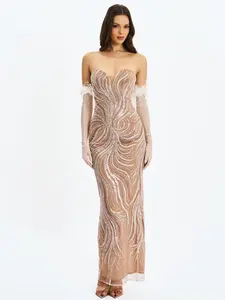 Quinci Apricot Beaded Sequin Sweetheart Maxi Dress