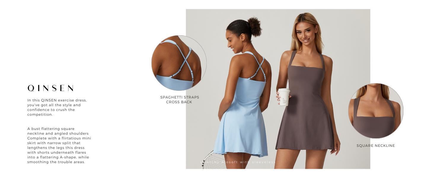 QINSEN Womens Square Neck Tennis Dress Sleeveless Built in Shorts Golf Athletic Dress with Pockets