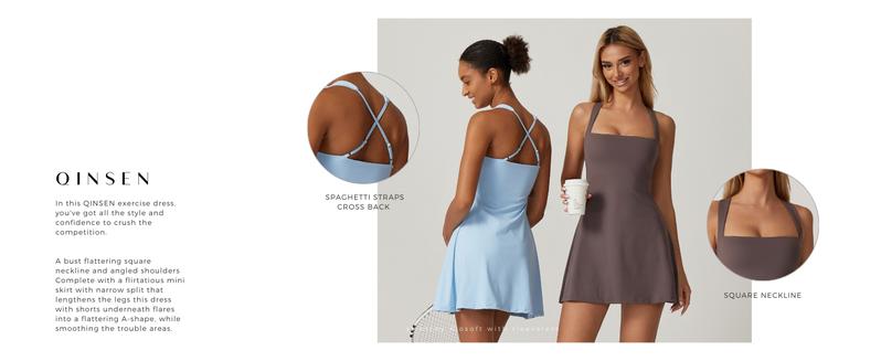 QINSEN Womens Square Neck Tennis Dress Sleeveless Built in Shorts Golf Athletic Dress with Pockets