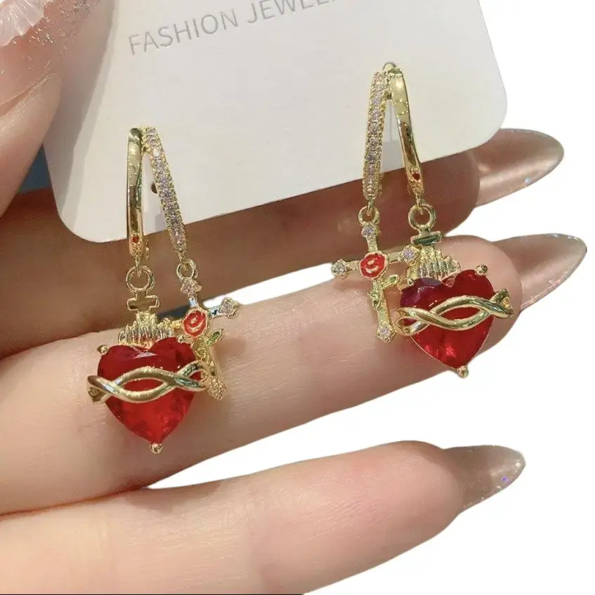 2026 New Red Heart-Shaped Earrings Creative Love Flame Thorn Earrings Vintage Heart Earrings for Women E50077-EH