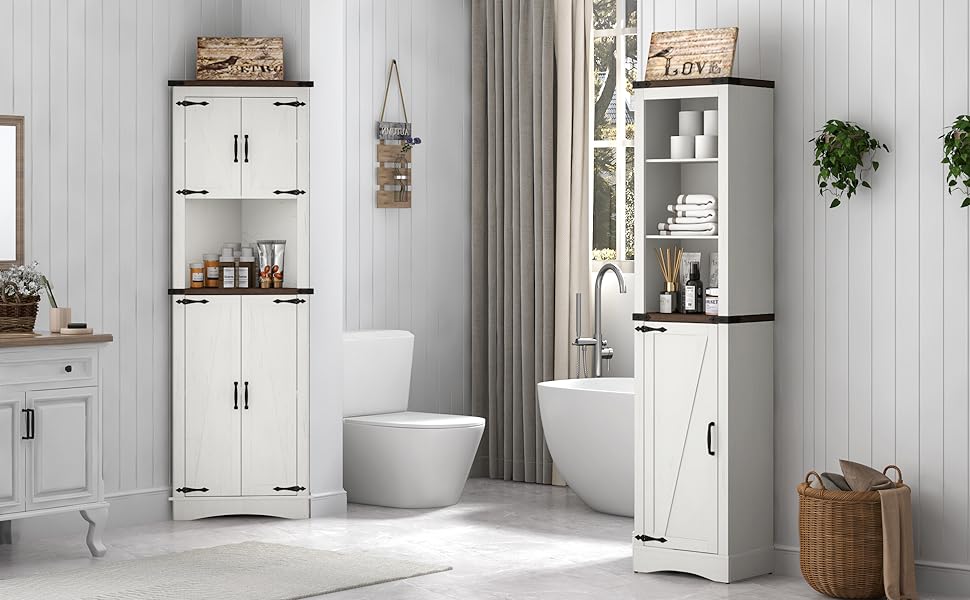 Farmhouse Corner Cabinet - 5-Tier Tall Storage Cabinet with 4 Barn Doors, Adjustable Shelves, Bathroom & Kitchen Storage for Living Room