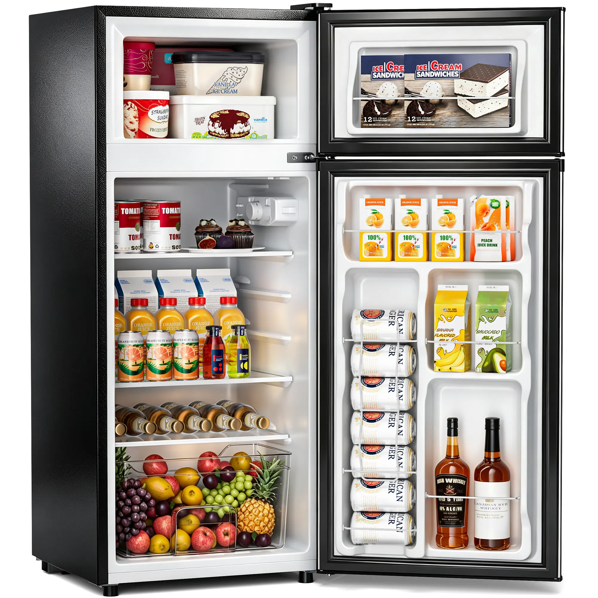 TEHANLD 3.55-4.5 Cu.Ft 2-Door Mini Home Refrigerator with Freezer & 7-Level Adjustable Thermostat, Quiet Chiller Personal Refrigerator for Food, Soda (Black, Bedroom, Apartment Use), Chiller Refrigerator, Mini Fridge