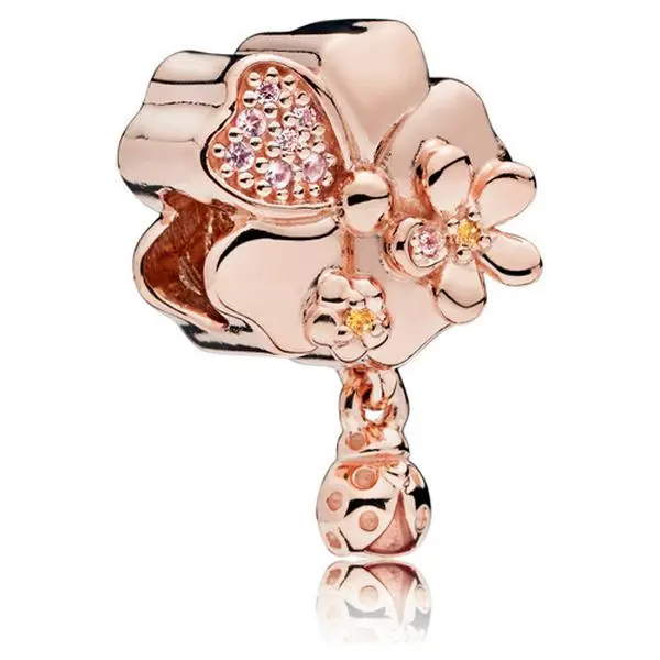 PANDORA Flower and ladybug charm in PANDORA Rose with 8 bead-set rose pink crystals 787026NPR, Collectibles, Bling Effect, Adults, Unisex