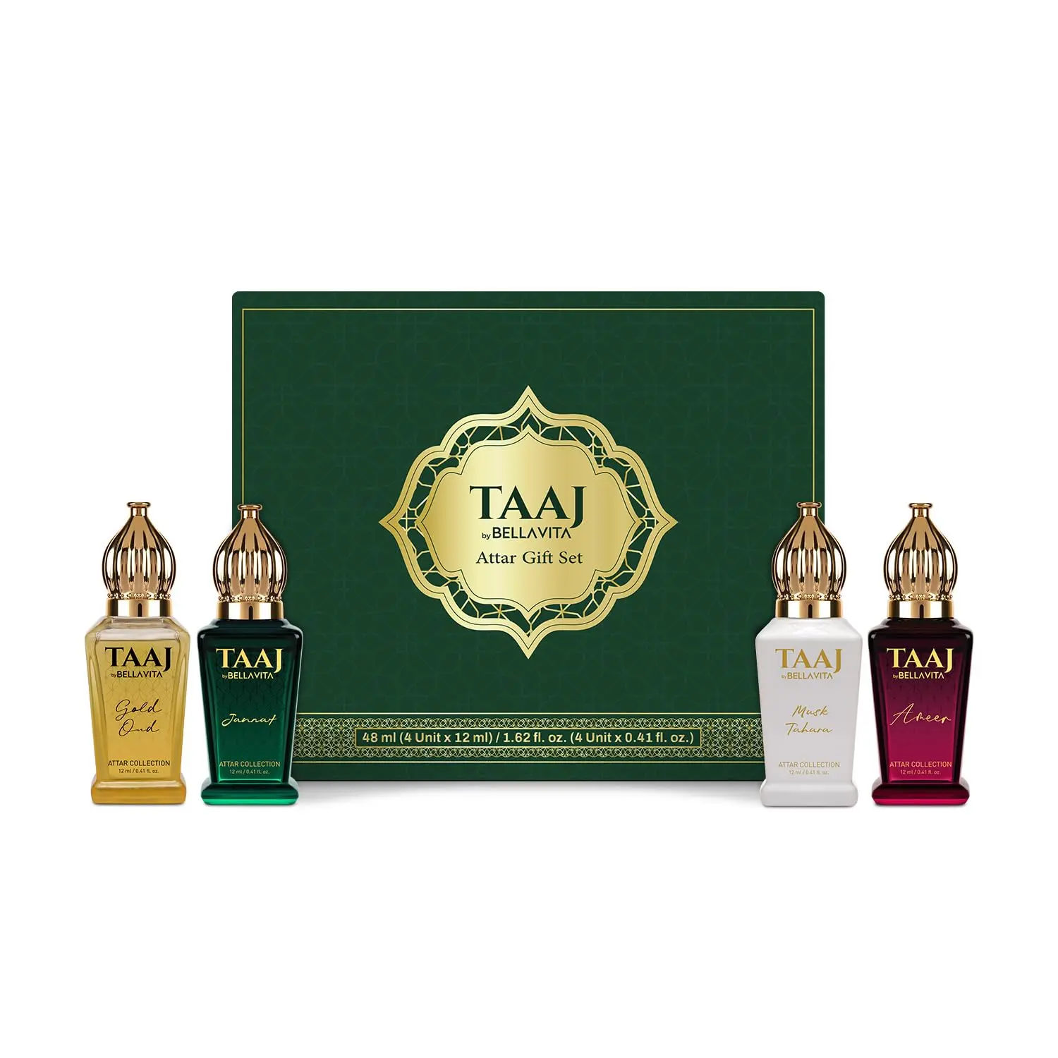 BellaVita Luxury Taaj Attar | Long Lasting Unisex Gift Set for Man and Woman 4x12ml | Caramel, Lemon, Cinnamon, and Musk | Non-Alcoholic Roll On | Oud, Floral, Musk | Attar for Men and Women