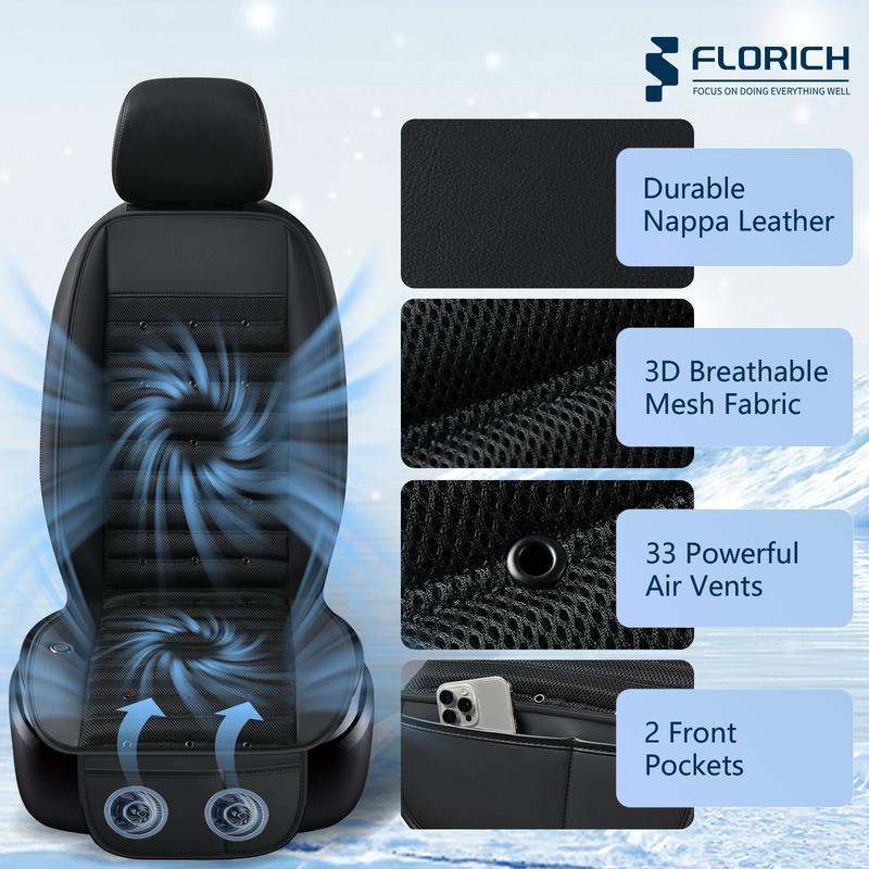 Florich 12V/24V Cooling Car Seat Cushion - Ice Cooling Gel Pad w/ 3 Speed Fans - Universal Fit for Car/Truck/SUV - Summer Cooler Seat Cover - Ventilated Back Support - (Black  Cushion and Back Cushion)