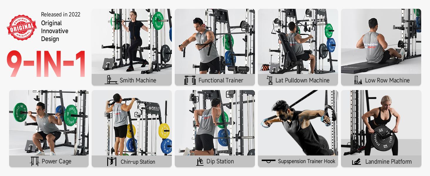 [4 packages shipping] MIKOLO Smith Machine, 2200lbs Squat Rack with LAT-Pull Down System & Cable Crossover Machine, Training Equipment with Leg Hold-Down Attachment Home Gym Station Home Gym AdjustableMIKOLO