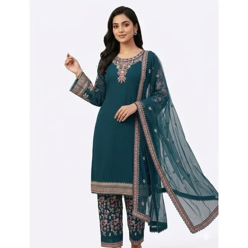 Women's Traditional Asian Salwar Kameez - Lady's Indian Design Thread-Embroidered Teal Blue Festive Wear Dress