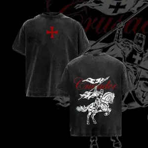 Crusader T-Shirt – Vintage Washed Oversized Medieval Graphic Tee, Christian Crusader Streetwear Unisex Top, Heavy Cotton Crewneck, Templar Knight Cross Art, Gift for History Fans