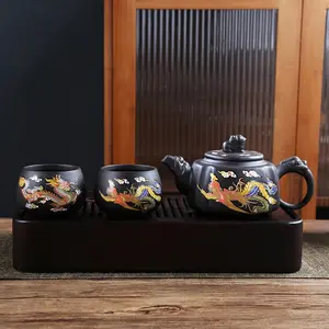 Heat-Sensitive Chameleon Dragon-Phoenix Auspiciousness Purple Clay Teapot for Brewing Tea