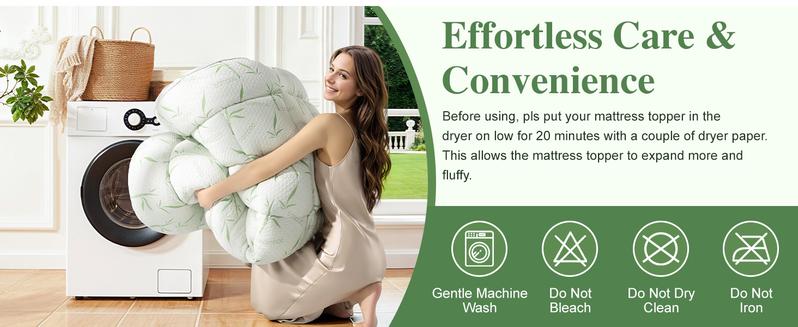 Shilucheng Bamboo 3inch Mattress Topper 8-21 Inch Fit Back Pain Relief Breathable Ultra Soft Quilted Top with Deep Pocket Machine Washable