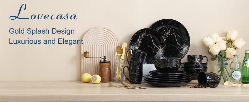 Plates and Bowls Sets for 4, Black Dinnerware Sets 16 Piece Gold Splash Glaze Round Dish Set, LOVECASA Porcelain Plate Set with Mugs Dishwasher Microwave Safe Plates and Bowls Sets for 4, Black Dinnerware Sets 16 Piece Gold Splash Glaze Round Dish Set, LOVECASA Porcelain Plate Set with Mugs Dishwasher Microwave Safe