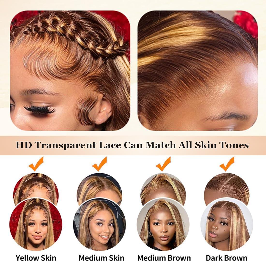 Highlight Wig 13x6 Hd Lace Frontal Wig Natural Hairline Pre Plucked P4/27 Ombre Colored Straight Human Hair Wig For Women