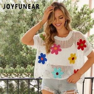 Joyfunear Trendy Mesh - Knit White Short - Sleeve Blouse with Floral Applique