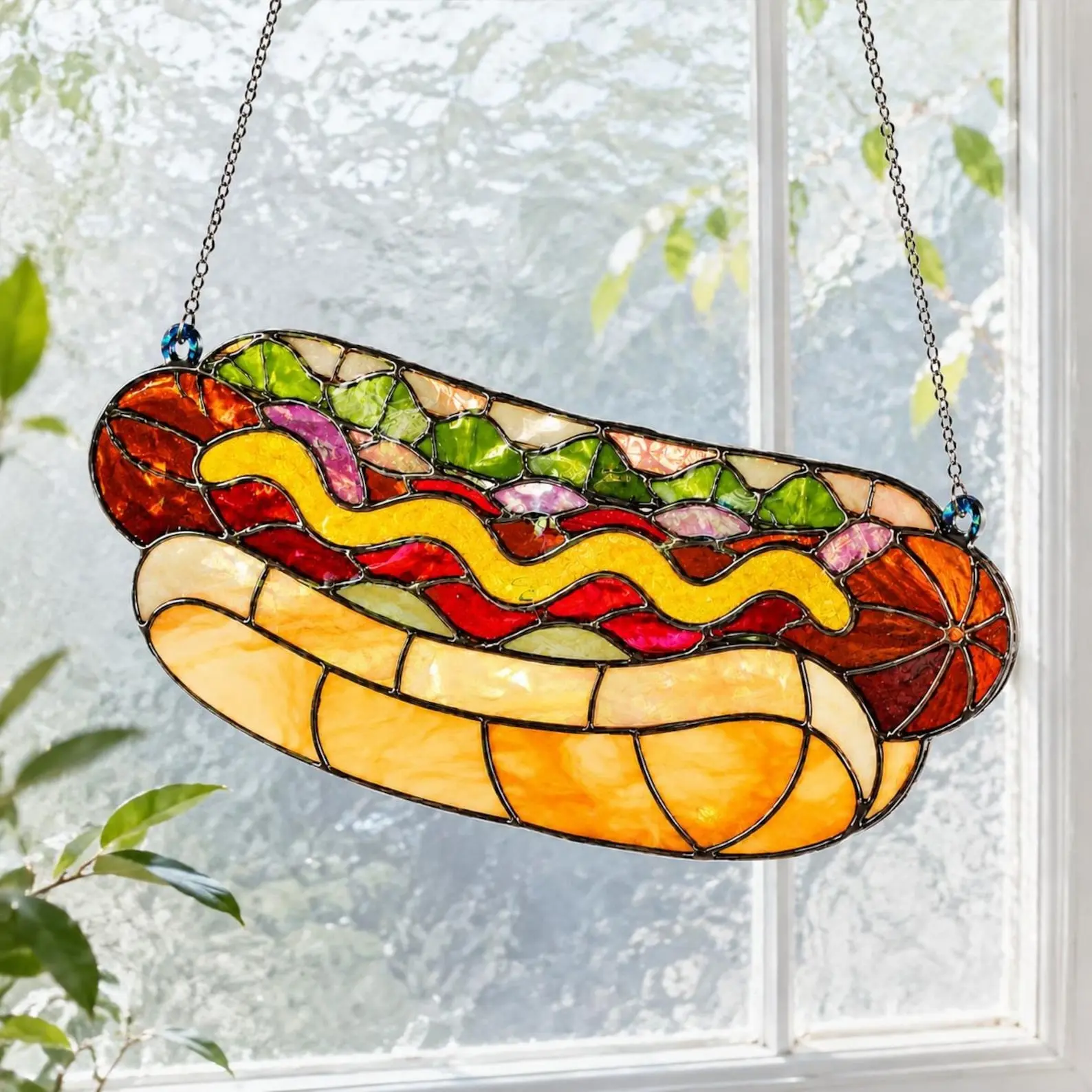 Hot Dog Acrylic Suncatcher – Colorful Stained Glass Kitchen Window Art, Fast Food Ornament, Unique Gift for Foodies