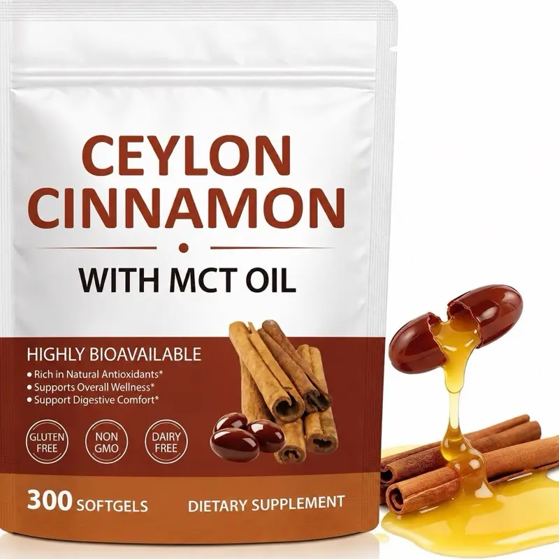 300 pcs Ceylon Cinnamon SoftGels, Cinnamon Supplements with MCT Oil, Herbal Cinnamon Extract for Daily Wellness Support, Promote Digestive Comfort, Natural Energy Support, Non-GMO, Gluten Free- 300 Softgels