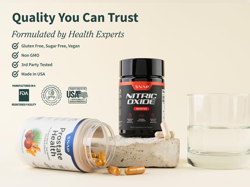 Snap Supplements - Nitric Oxide Booster 90ct + Prostate Health Bundle - Natural Supplement Capsules - Support Blood Circulation & Prostate Health Snap Supplements - Nitric Oxide Booster 90ct + Prostate Health Bundle - Natural Supplement Capsules - Support Blood Circulation & Prostate Health