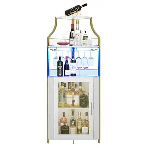 Gold Corner Bar Cabinet with LED Lights, Industrial Liquor Cabinet with Adjustable Shelf, 5-Tier Industrial Wine Cabinet with Glass Holder, Home Bar Cabinet, Coffee Bar Cabinet Bottle Storage
