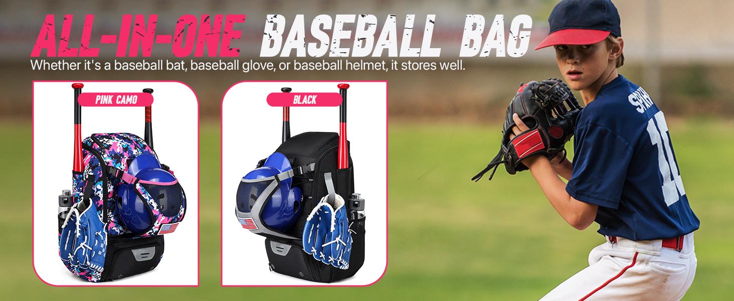 Youth & Adult Baseball Softball Bag - Lightweight Bat Backpack with Fence Hook, Large Main Compartment for Helmet & TBall Equipment, Separate Shoe Pocket
