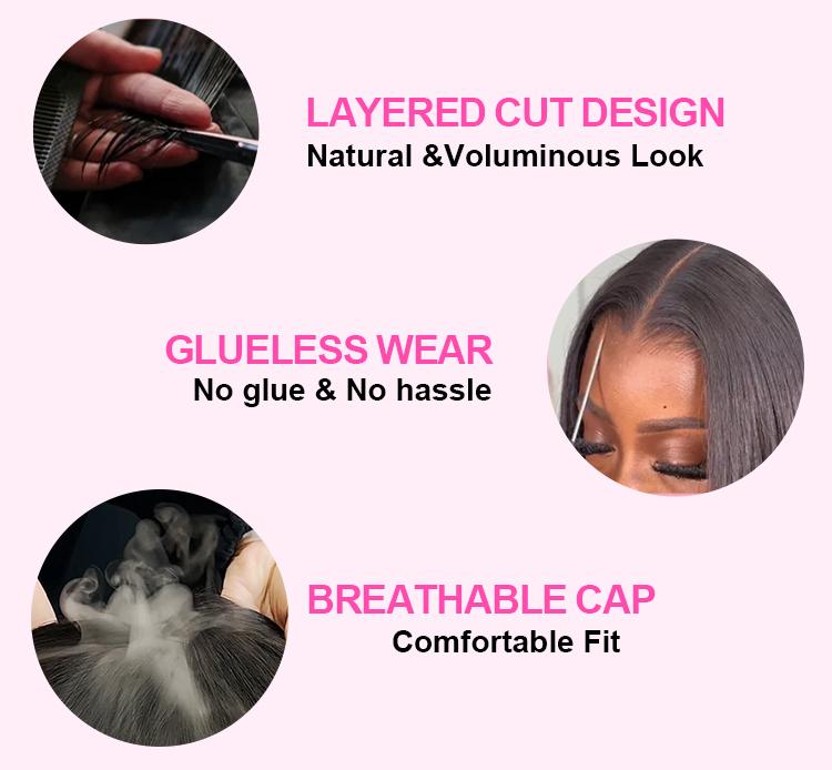 CurlyMe Layered Cut Pre-bleached Yaki Straight & Straight Hair Wear Go Glueless Wig 7x5 Pre-cut HD Lace Pre-plucked