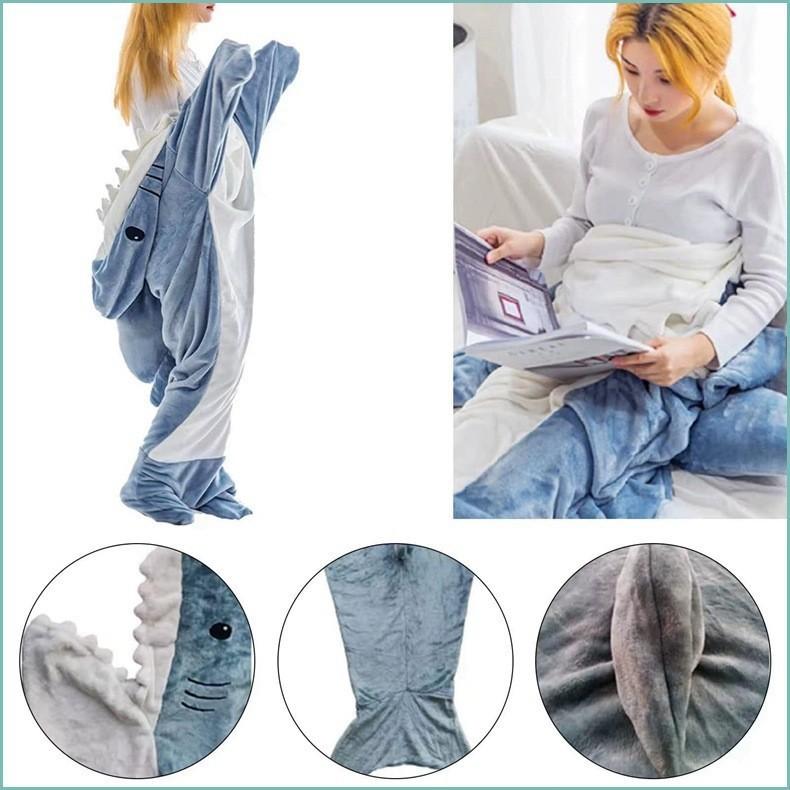 【Gift for kid or friend】Shark Onesie Blanket SuperSoftFlannel Costume Shark Blanket HoodieHome Sleeping Bagfor Kids & Adults Bedding Womenswear Loungewear Nightwear Basic