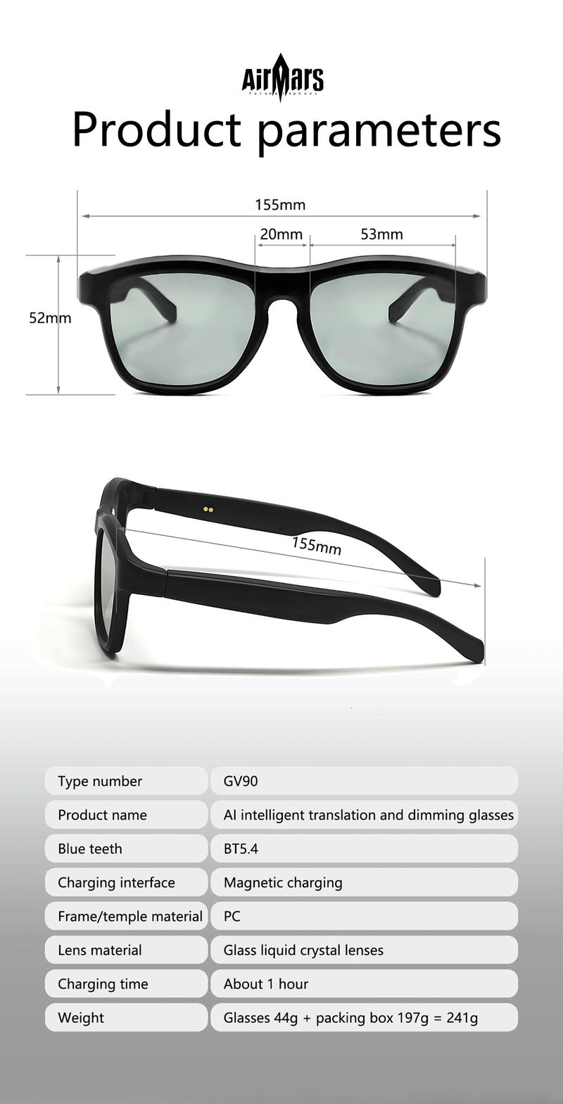 Airmars GV90AI Smart AI Translation Glasses with Bluetooth Headphones, Sliding Dimming & Color Changing Lenses, UV Protection, One-Touch Multi-function Control, Easy-to-Use Wearable