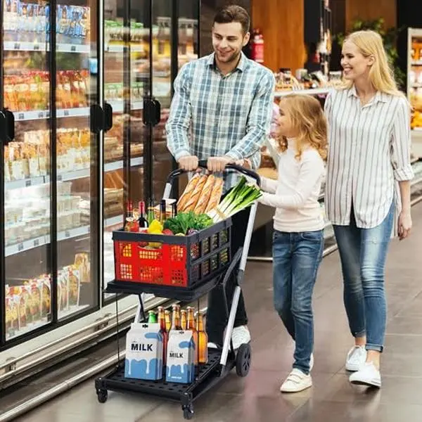 2-Tier Metal Aluminum Folding Shopping Trolley for Adults - Compact, Waterproof Multi-Use Rolling Storage Cart with Removable Crate, 360° Swivel Wheels, Bungee Cord Straps, Lightweight for Home Grocery Runs, Travel