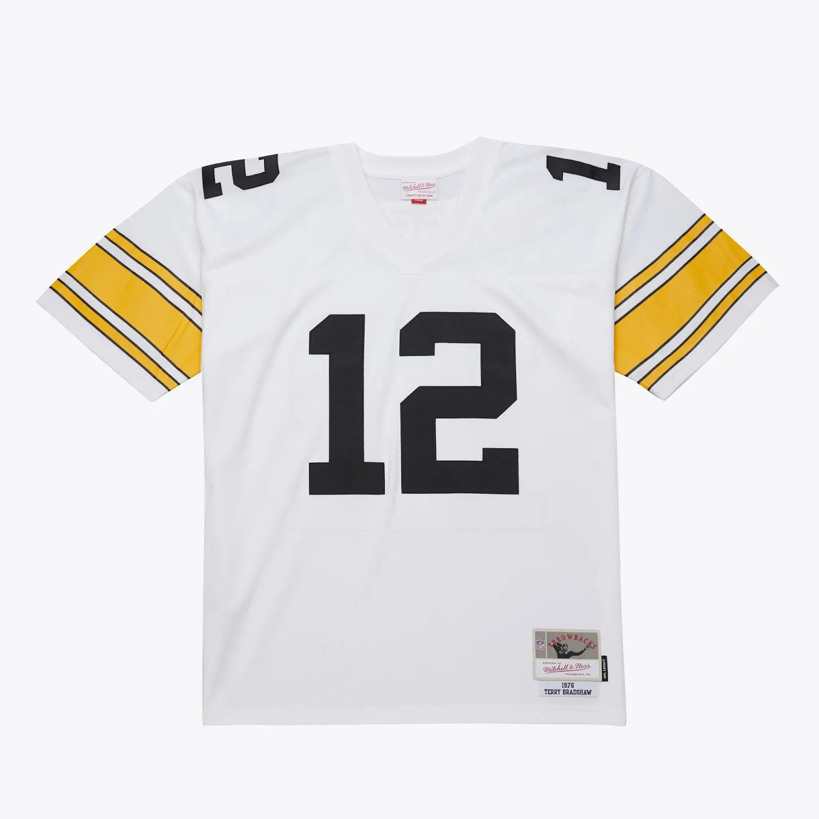 Mitchell & Ness Men's Classic Numbered Front Short Sleeve Terry Bradshaw White Pittsburgh Steelers 1976 Legacy Football Fanwear Jersey - Male Clothing