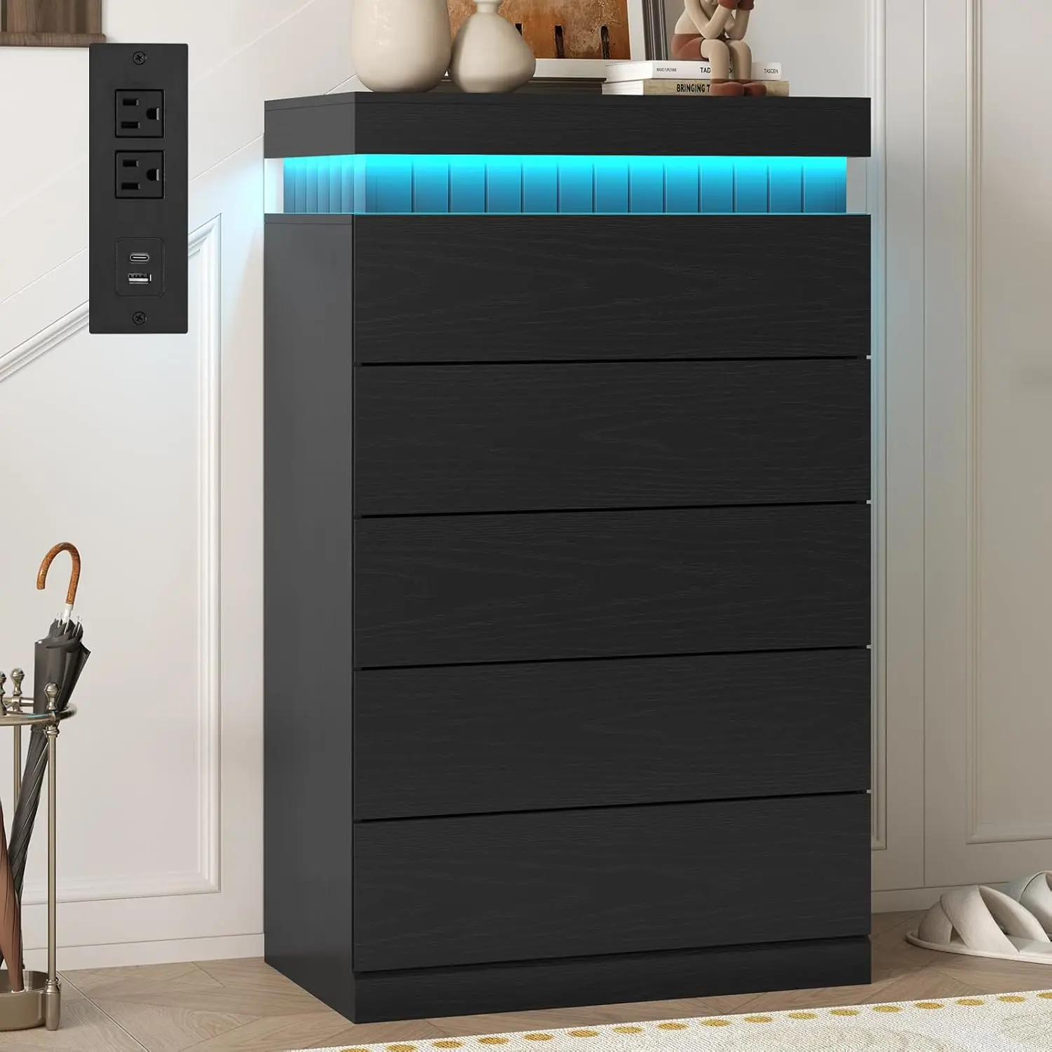 Sikaic Tall 5 Drawers Dresser for Bedroom with Sliding Top Storage Space, LED Light and Power Outlet, Modern Wood Large Chest of Drawer for Living Room, Hallway, Entryway, Home Furniture, Dorm Essentials [tiktokshopbacktoschool]