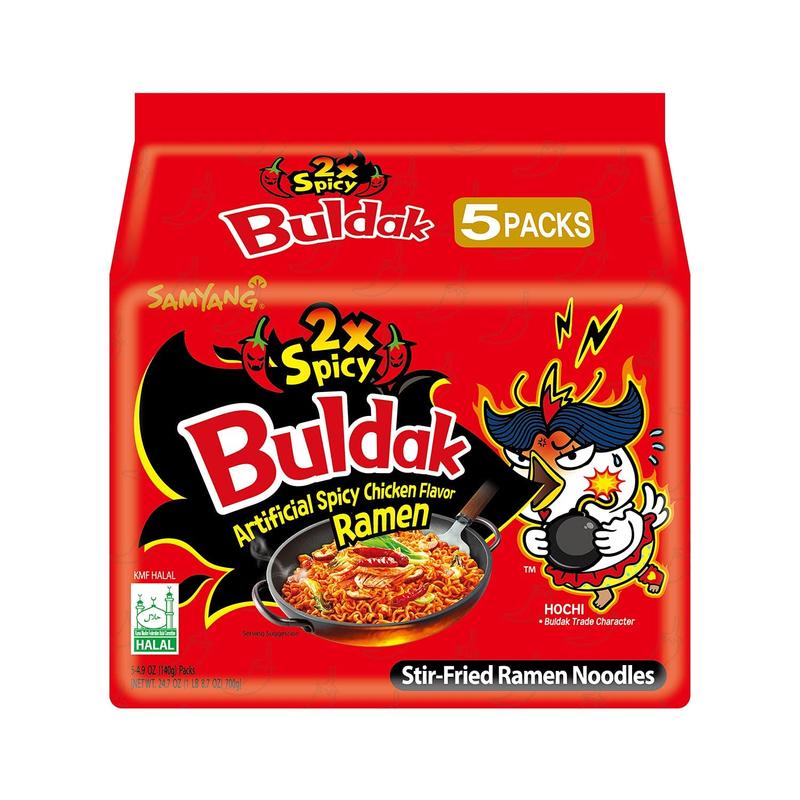 Samyang Buldak Korean Hot Chicken Ramen 2X Spicy, suitable for spice fans and quick meals, instant stir fried noodles, intense chicken heat flavor, 140g 5 pack, iconic spicy kick, fun food challenge