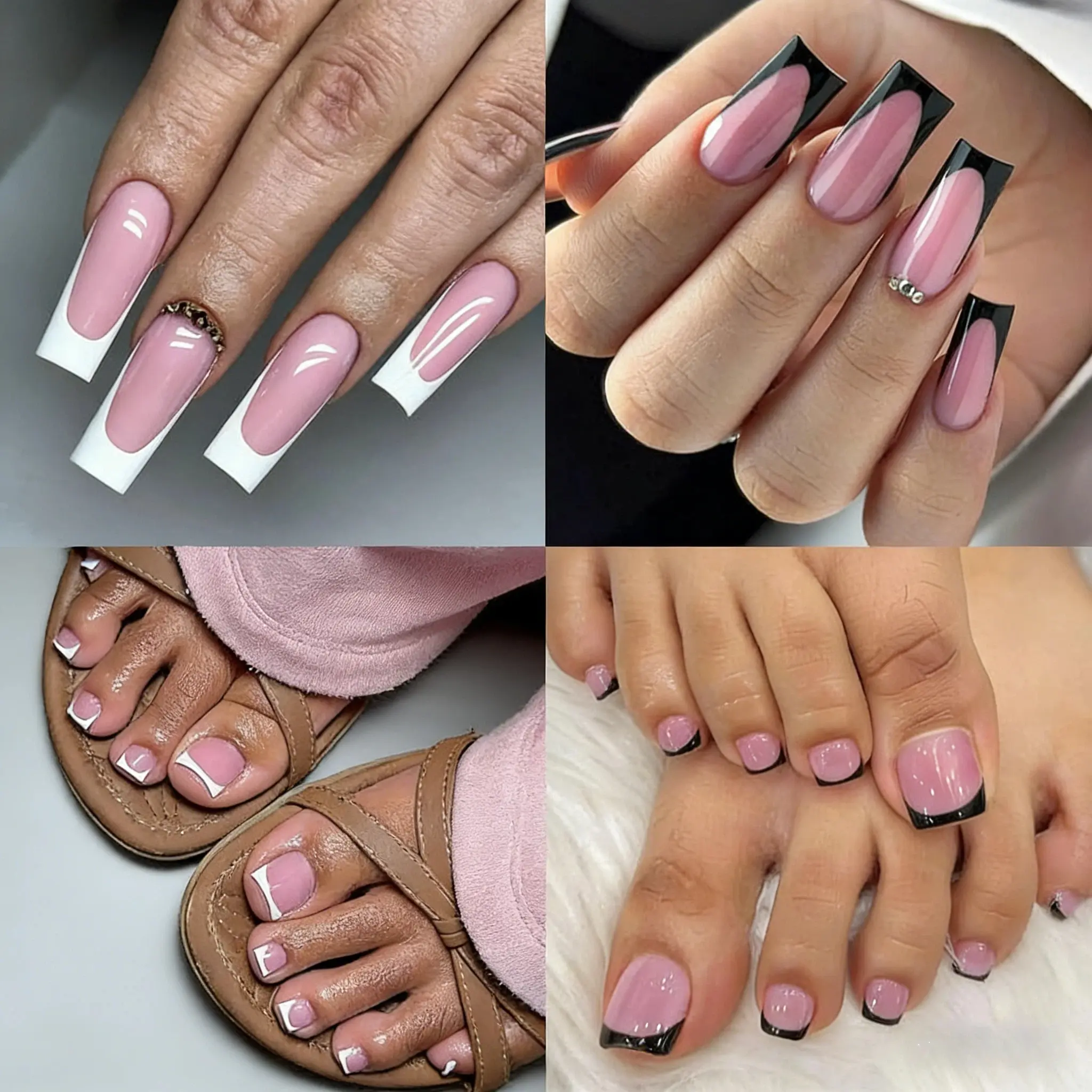 60-piece French pointed nail and fingernail set, black, blue,white, pink glossy nail stickers, medium-length fake toenails, suitable for summer minimalist style fashionable, Press On Nails, Toenail Press On Nails