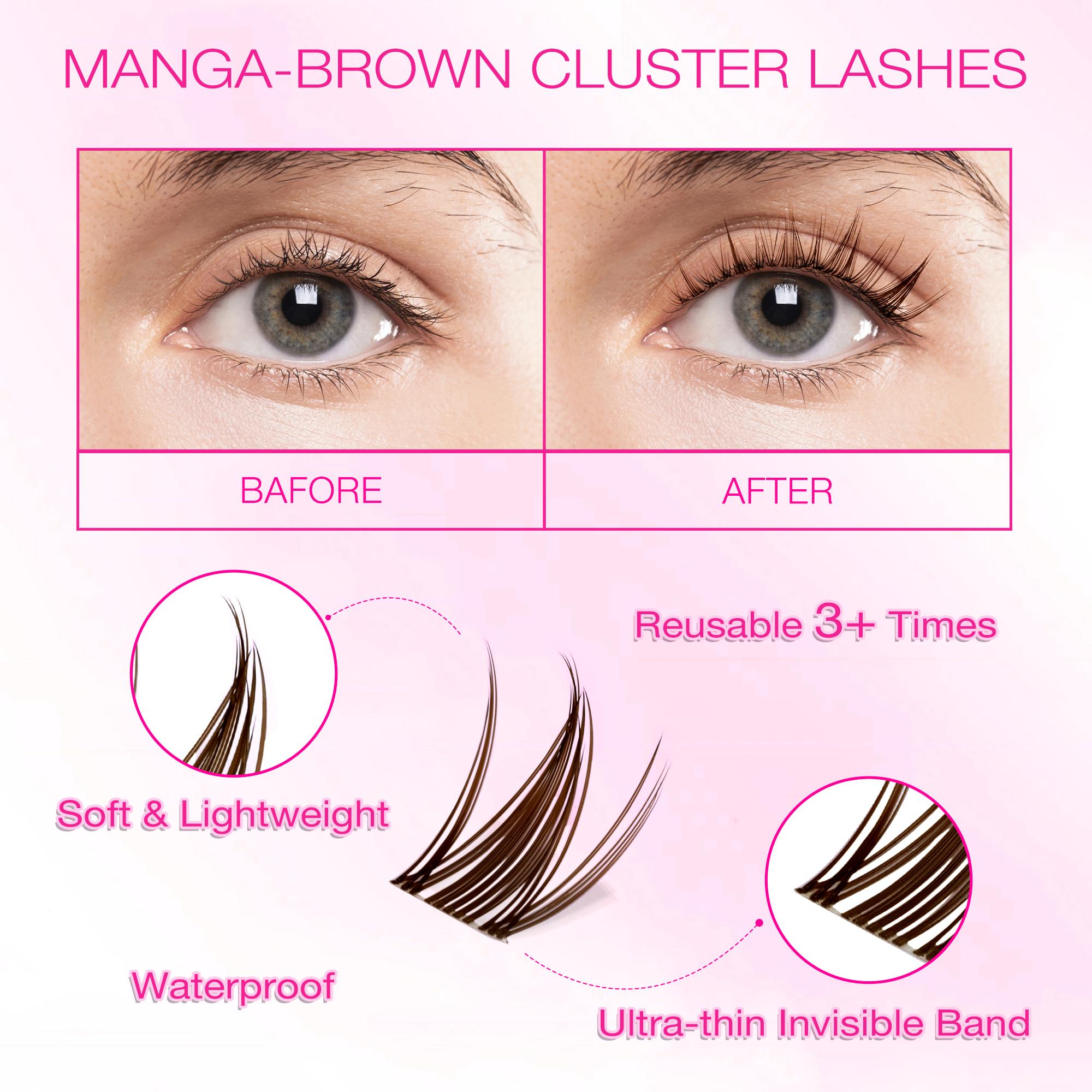 VEYESBEAUTY Brown Manga Lashes Invisible Dramatic Volume Cluster Lashes Individual Lash Extensions Layered Fluffy Eyelashes Lash DIY Makeup- Salon Daily