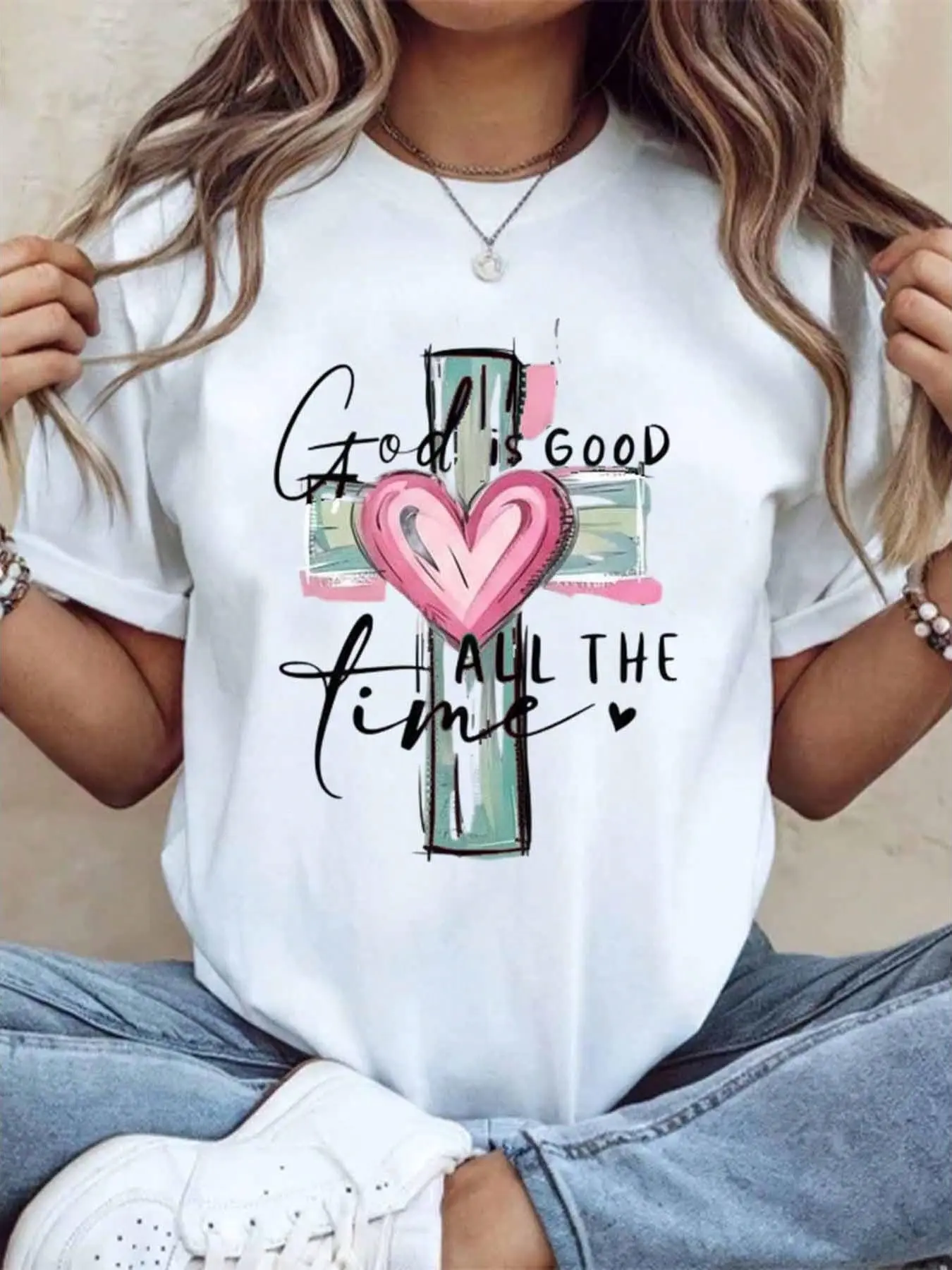 Women's Christian "God Is Good" Graphic Sport Top - Lady's Streetwear 100% Cotton Elastic Short-Sleeve, Loose Fit, Round Neck, Heart Print, Solid Casual Clothes for Women, Breathable Unisex Tops