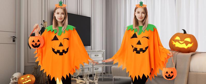 3 PCS Halloween Pumpkin Poncho for Women,Pumpkin Cape Costume with Headband and Candy Bag,Halloween Costume for Women