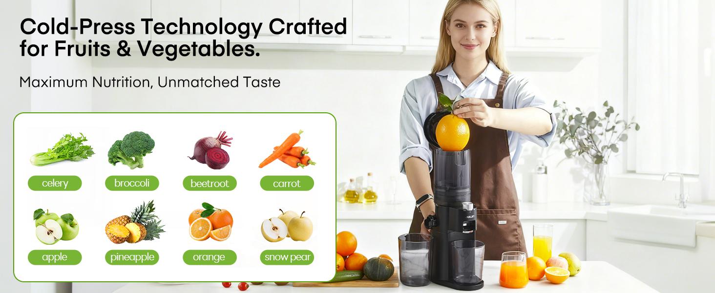 Juilist Cold Press Juicer,  104.9mm Chute Feed Opening, Slow Masticating Juicer – Quiet, For Whole Vegetables and Fruits,Easy to Clean, High Juice Yield, BPA Free (Black)