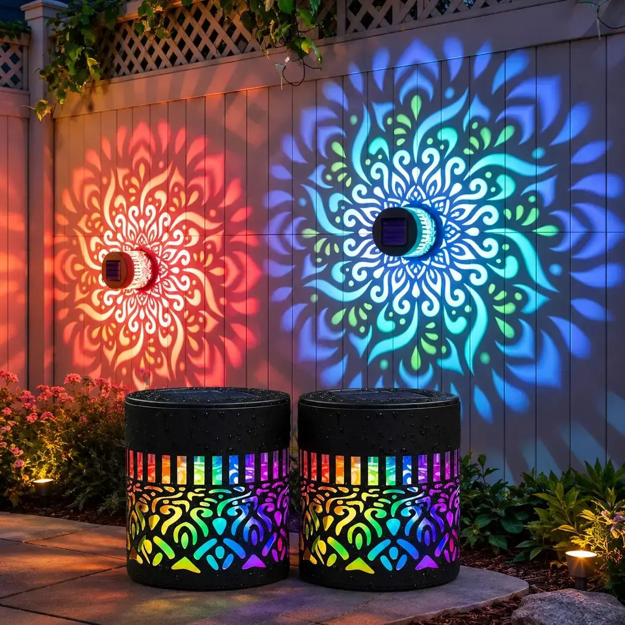 1/2/4-Pack Solar Mandala Projector Lights - Metal Shell 7-Color Auto On/Off Waterproof Solar Outdoor Lights Lamps, Fence Lamp Set for Garden, Patio Wall Decor, 7 Colors