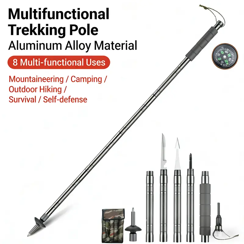 7-in-1 Tactical Trekking Stick - Retractable Folding Multi-Function, Compass, Tinder, Saw Blade, Screwdriver - Premium Outdoor Survival Gear for Hiking.Travel Accessories Camping Supplies