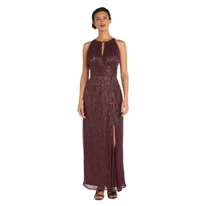 Metallic Halterneck Gown with Thigh Slit