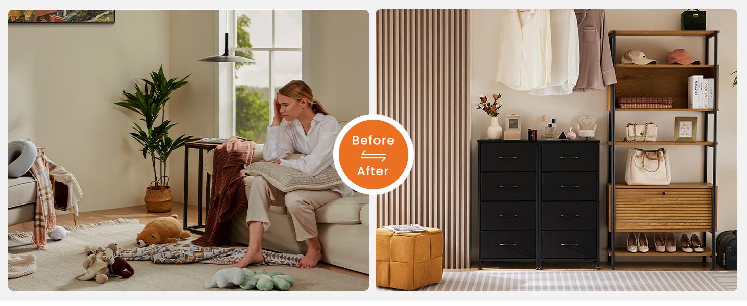 Dresser for Bedroom, Storage Drawers, Skinny Fabric Storage Tower with 4 Drawers, Tower Organizer Unit, Chest of Drawers with Wooden Top