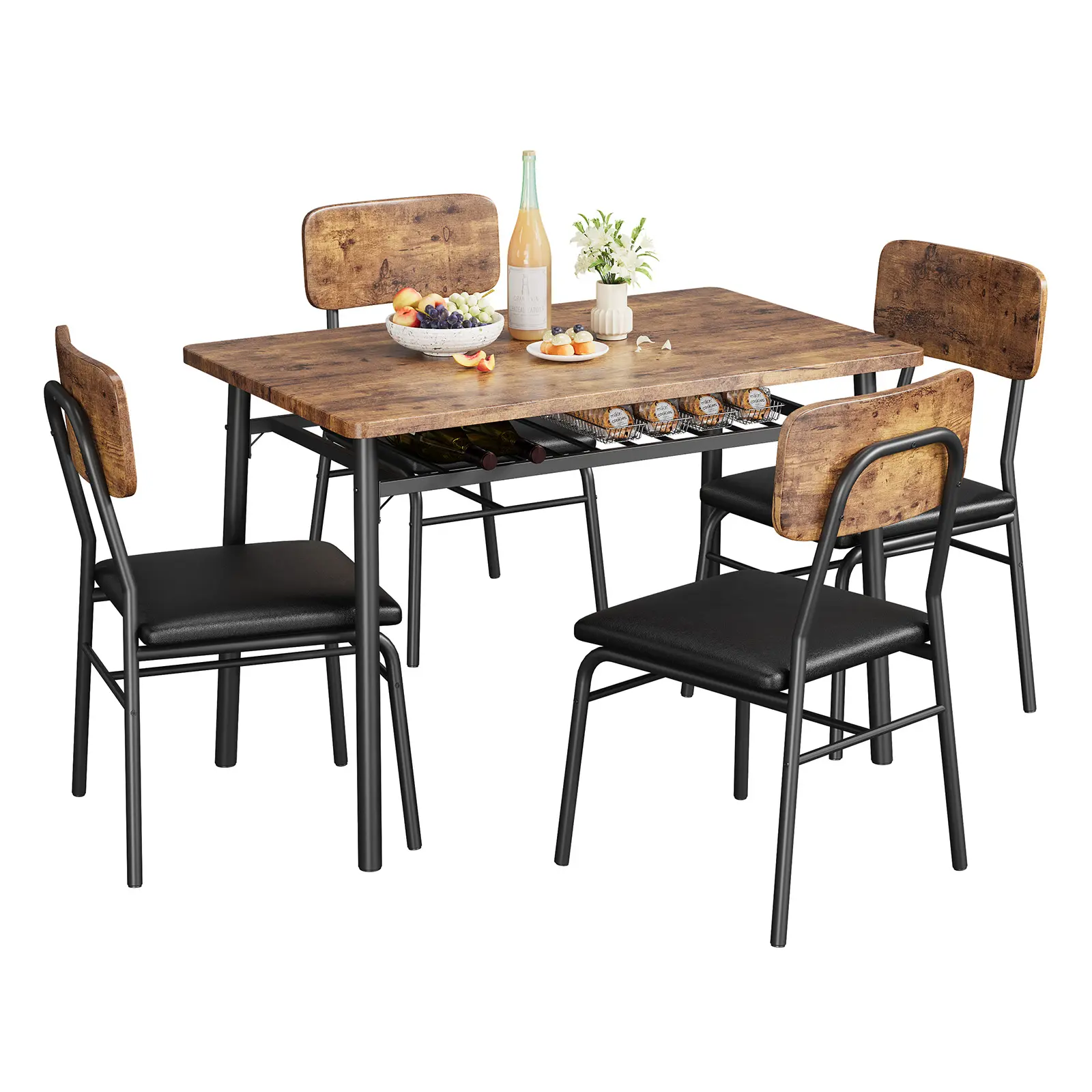 Dining Table Set Wood Tabletop & Heavy-Duty Metel Frame,  for 4 with Storage Rack, 5-Piece Kitchen Table and Upholstered Chairs of 4, Wood Tabletop & Heavy-Duty Metel Frame, Dining Room Set for Small Space, Apartment, Black