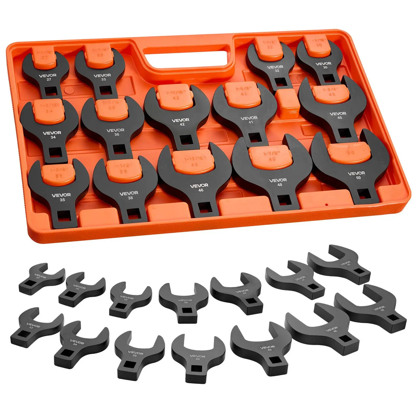 【Summerfinds】VEVOR Crowfoot Wrench Set, 1/2" Drive, 14-Piece Metric 27 to 50 mm Crows Foot Wrenches, with Storage Tray, Dual Size Markings on Tools and Tray, for Auto Maintenance or Repairs