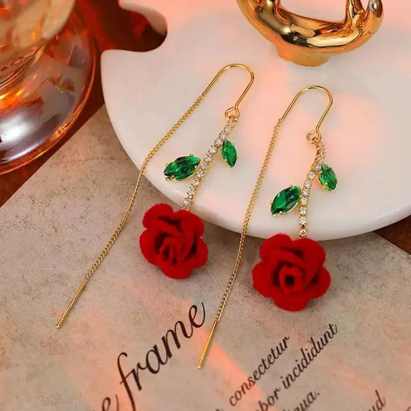 Red Rose Drop Earrings for Women 14K Gold Plated Sparkling Crystal Tassel Earrings Romantic Floral Jewelry for Wedding Party Daily Wear