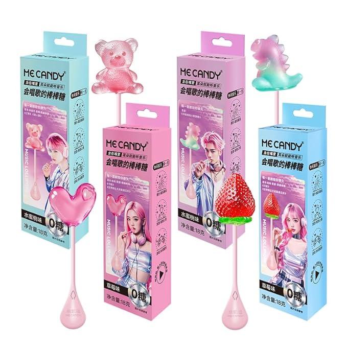 Candy Master MeCandy 4D Music Lollipop 4D design shaped in Bear, Strawberry, Dinasour, Love Heart Fruity Flavor,strawberry, white peach |sugar free singing lollipop