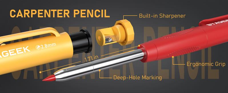 34 Pack Carpenter Pencil Set with Sharpener, Mechanical Carpenter Pencils with Deep Hole Long-Nib Marker Pens, Automatic Center Punch,Carbide Scribe Tool & Construction Pencils for Architect Woodworking with Case(Red, Black, Yellow, Blue)