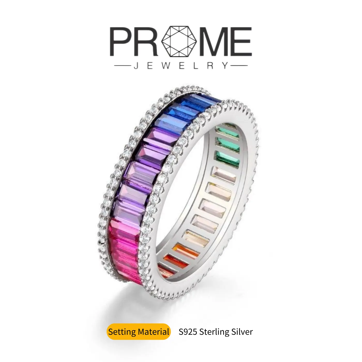 (SR024) S925 Sterling Silver Rainbow Ring - Sparkling Inlay, Stackable Birth Stone Anniversary Ring, Elegant Gift for Women, Stackable Birth Stone Ring