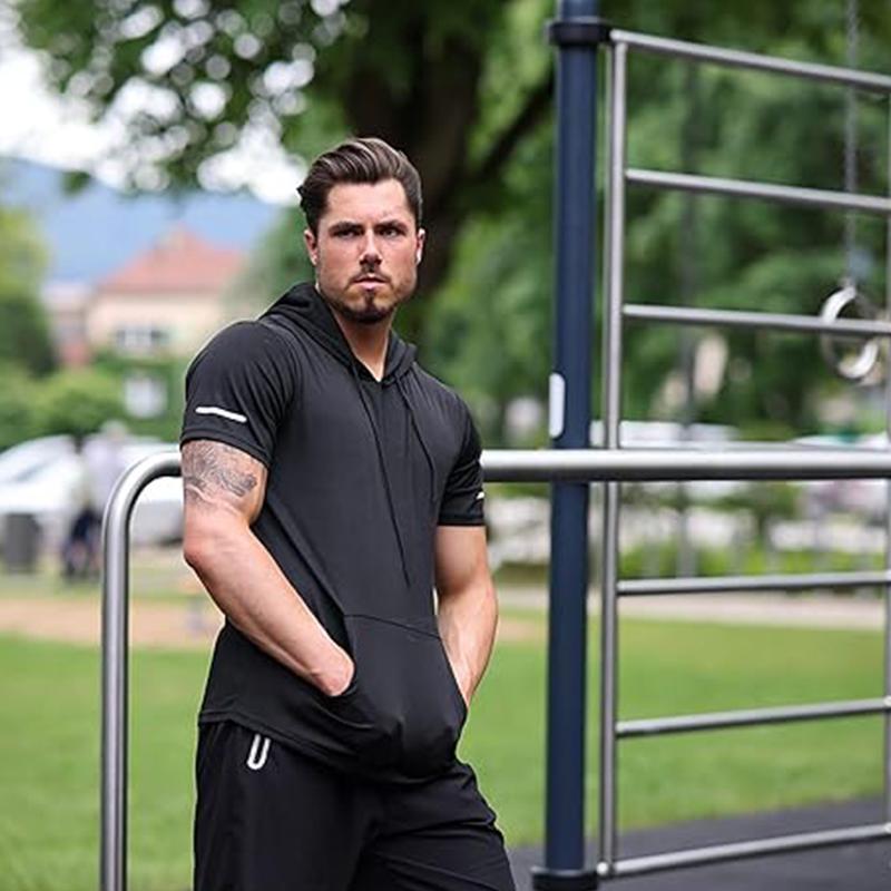 【Purchase one size larger】Men's Greenish Spring Plain Round Neck Workout Short Sleeve Mesh Athletic T-Shirts with Hood basketball Sportswear Quick Dry T-shirt Back To School Tops Hoodie gym outfits workout tops Sweatshirts compression shirts workout tops