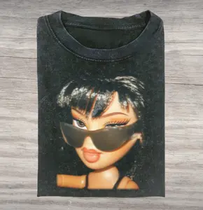 Baddie Aesthetic Doll with Black Sunglasses Shirt, Aesthetic Retro 2000s Mean Girl Meme Tee, Futuristic Shades Doll Portrait Shirt Cotton Short sleeve Casual  Gift for Womens & Mens Top