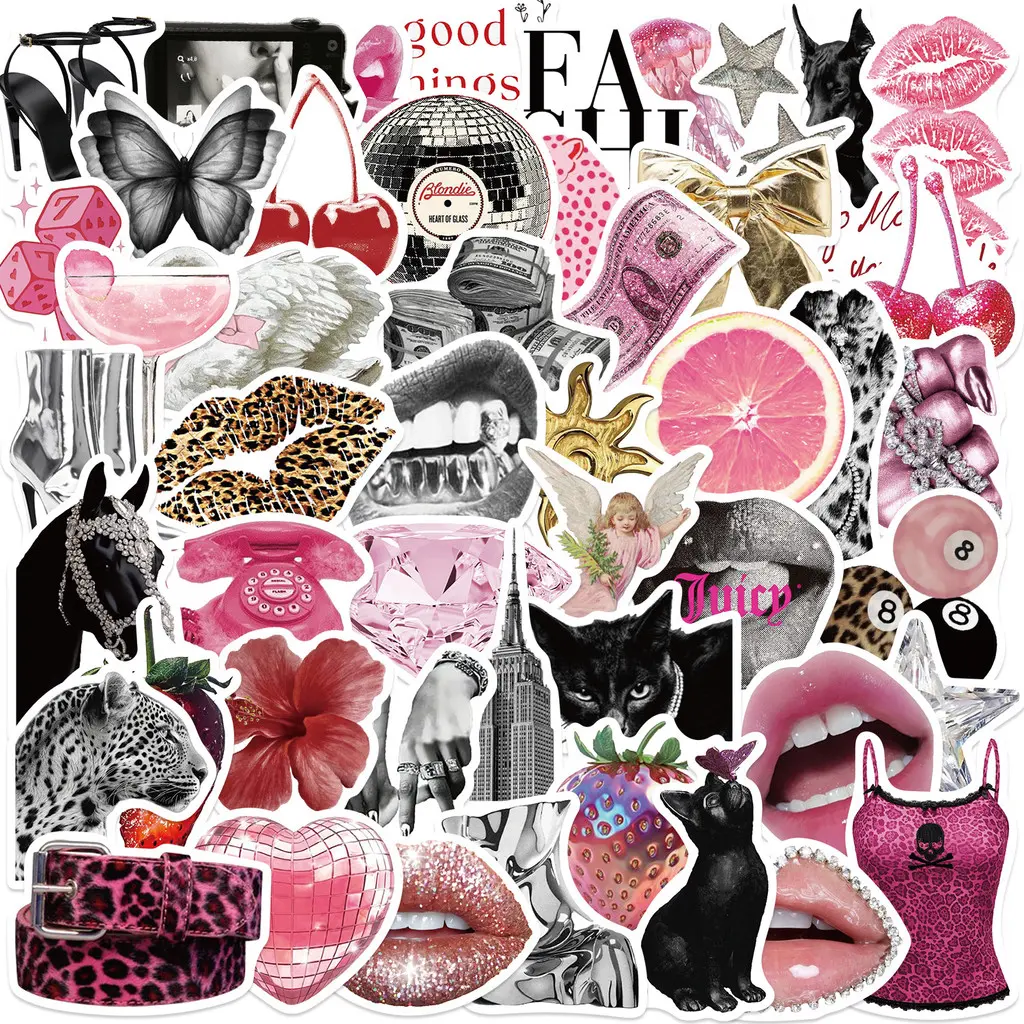 50 Sheets Vintage Pink Punk Cartoon Stickers, Waterproof PVC Decals for DIY Phone Case Guitar Laptop Decoration