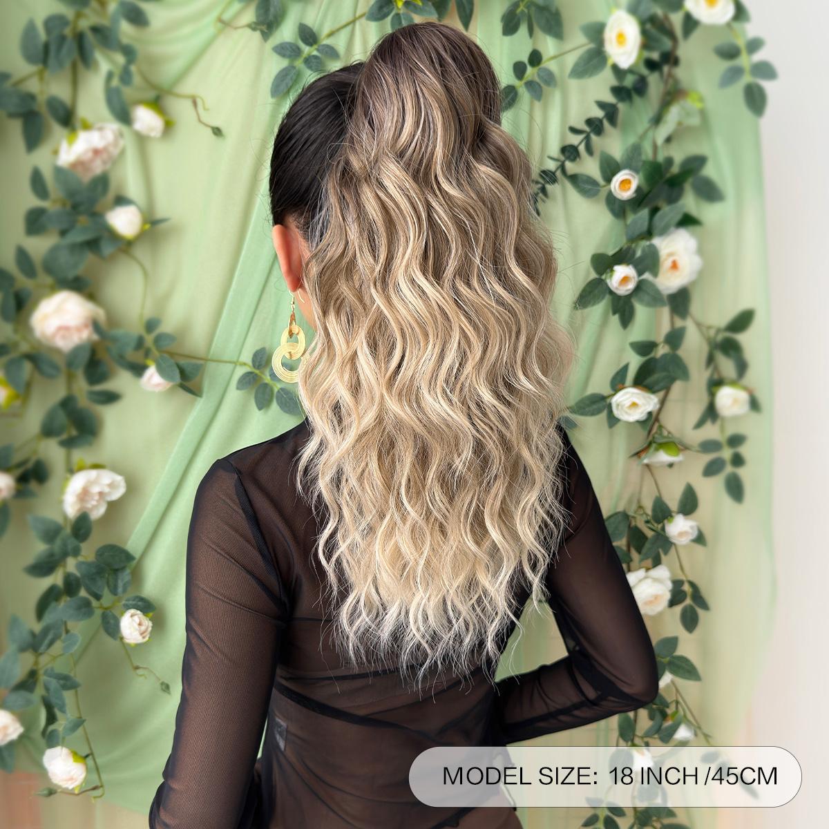 HEYPINK Short Claw Ponytail Extension - 18in Black-Brown Ombre Water Wave, Heat-Resistant Synthetic Fiber Hairpiece with Hair Transition for Women, Party & Daily Use