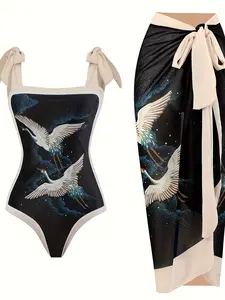 New vintage European and American foreign trade swimwear, conservative one-piece hot spring swimsuit set for women with chiffon cover-up bathing suit