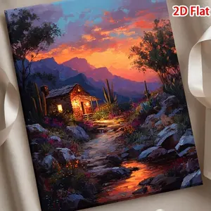 2D Flat, 2D Flat, 1pc Framed Canvas Artwork, Ideal for Hanging, Featuring a Sunset Desert Scene with a Stone Cottage, Cactus, And Wildflower Path.This Piece Is Perfect for Valentine'S Day, Easter Gifts, Or Holiday Decorations	